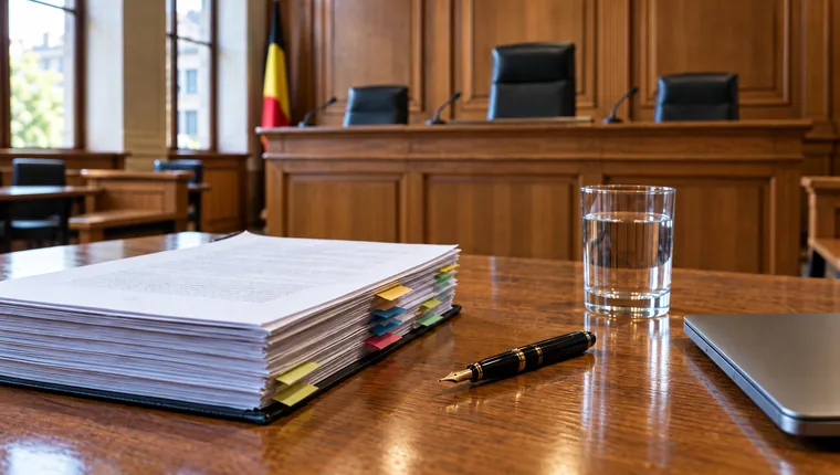 In de rechtszaal: een bewijsbundel met tabbladen op de pleittafel, de rechtersbank op de achtergrond