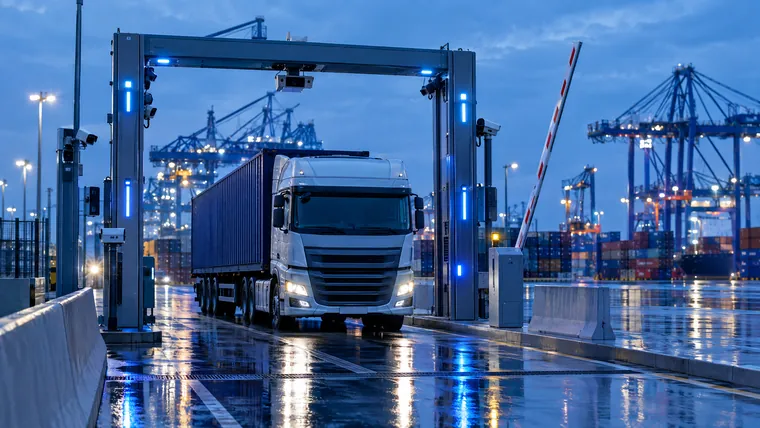 Een vrachtwagen rijdt door de scanpoort van een containerterminal